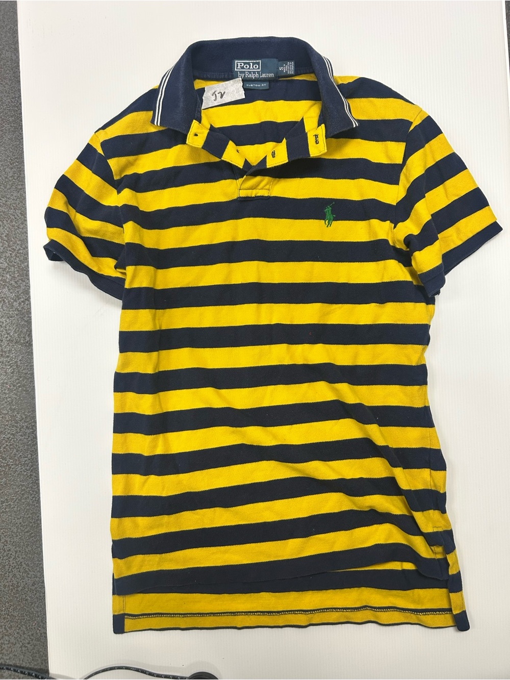 Ralph Lauren Yellow and Navy Striped Polo Shirt Tipped Collar